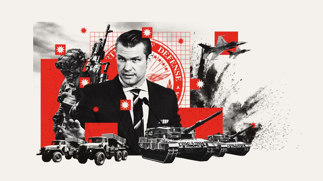 Illustration of Pete Hegseth, military vehicles, soldiers and explosions