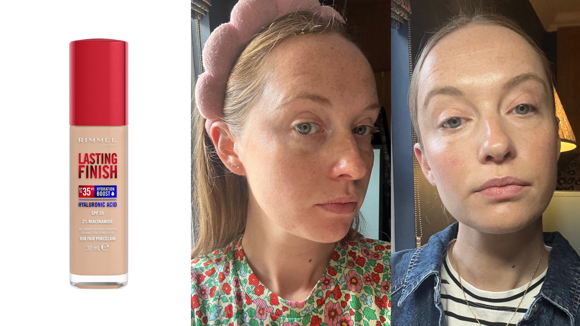 Image of Rimmel Lasting Finish 35hr Foundation, Annie before applying the foundation, Annie after applying the foundation