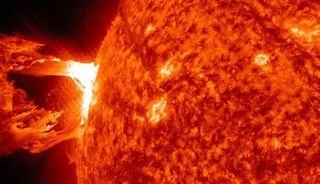A giant explosion in the sun's atmosphere (corona), known as a coronal mass ejection. Image is from the Solar Dynamics Observatory.