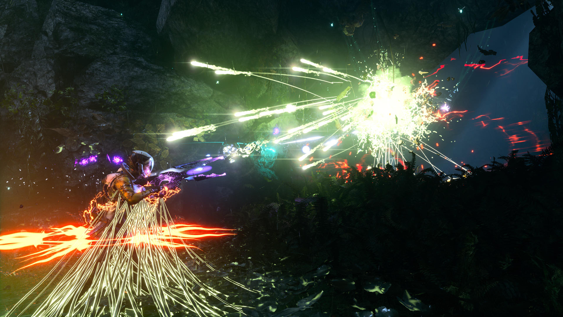 Selene and and enemy exchange many bright and colorful blasts of energy a firefight in Returnal