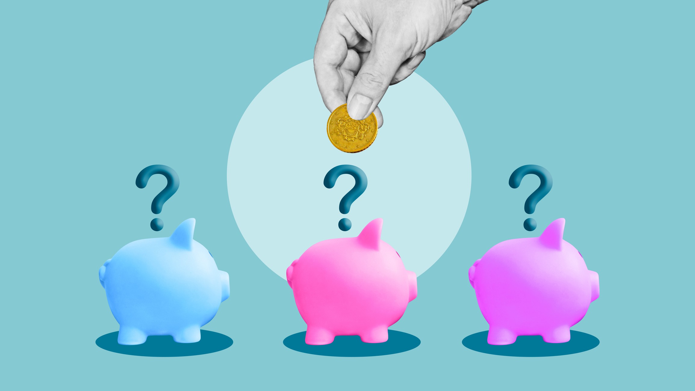 a hand holding a coin above three piggy banks with question marks