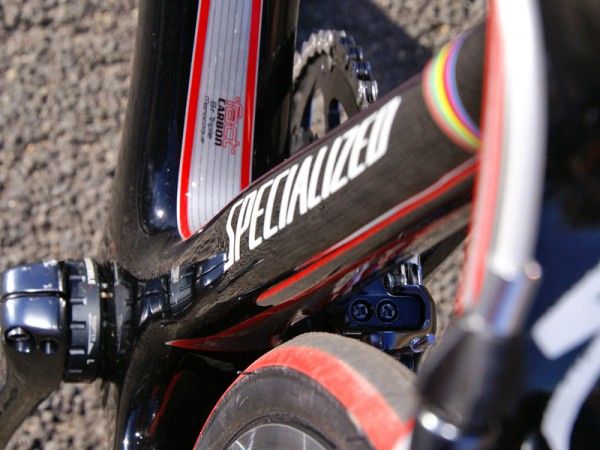 The seat tube transitions from a round profile up top to a wider rectangular one down by the bottom bracket.