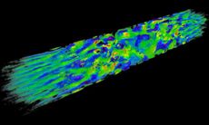 In this image, computer simulations show the turbulent structure of the magnetic field in two shock waves moving away from each other.