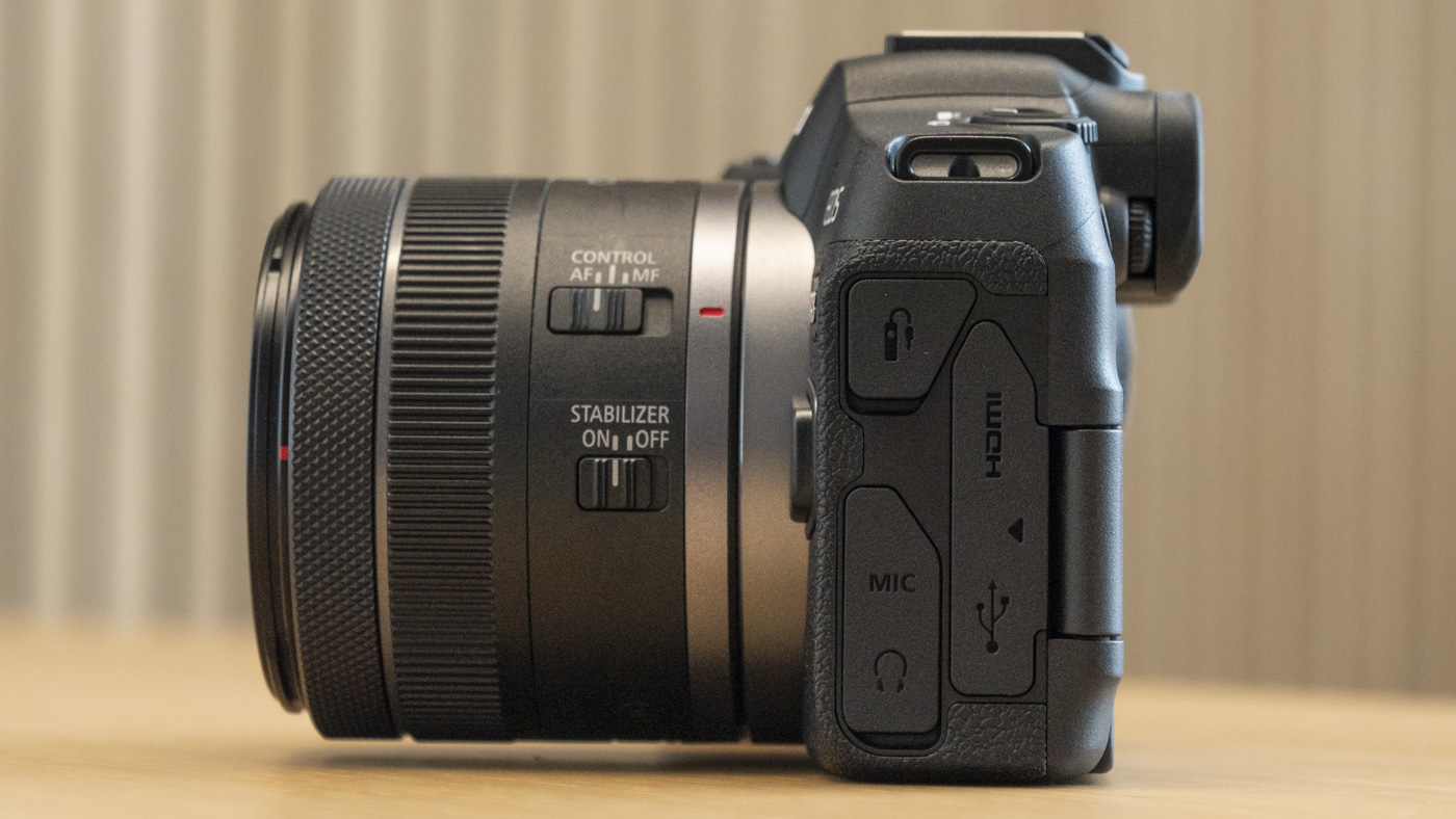 Canon EOS R8 on a table side view with ports