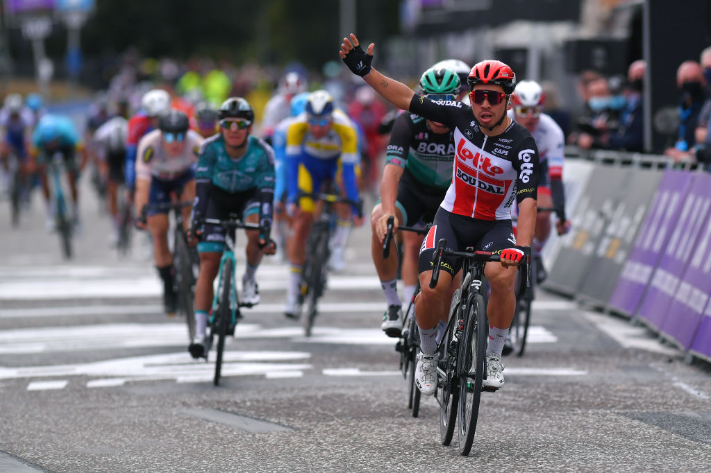 SCHOTEN BELGIUM OCTOBER 14 Arrival Caleb Ewan of Australia and Team Lotto Soudal Celebration Pascal Ackermann of Germany and Team Bora Hansgrohe during the 108th Scheldeprijs 2020 a 1733km stage from Schoten to Schoten Scheldeprijs FlandersClassic SP20 on October 14 2020 in Schoten Belgium Photo by Luc ClaessenGetty Images