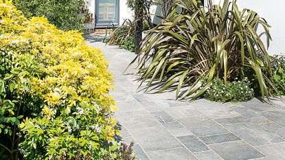 Block paving path leading to front door, surrounded by flower beds
