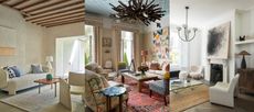 Three examples of living room ceiling ideas. Relaxed, neutral living room with wooden beams. Maximalist living room with painted blue ceiling, traditional plasterwork. Contemporary living room with sculptural, hanging modern chandelier pendant