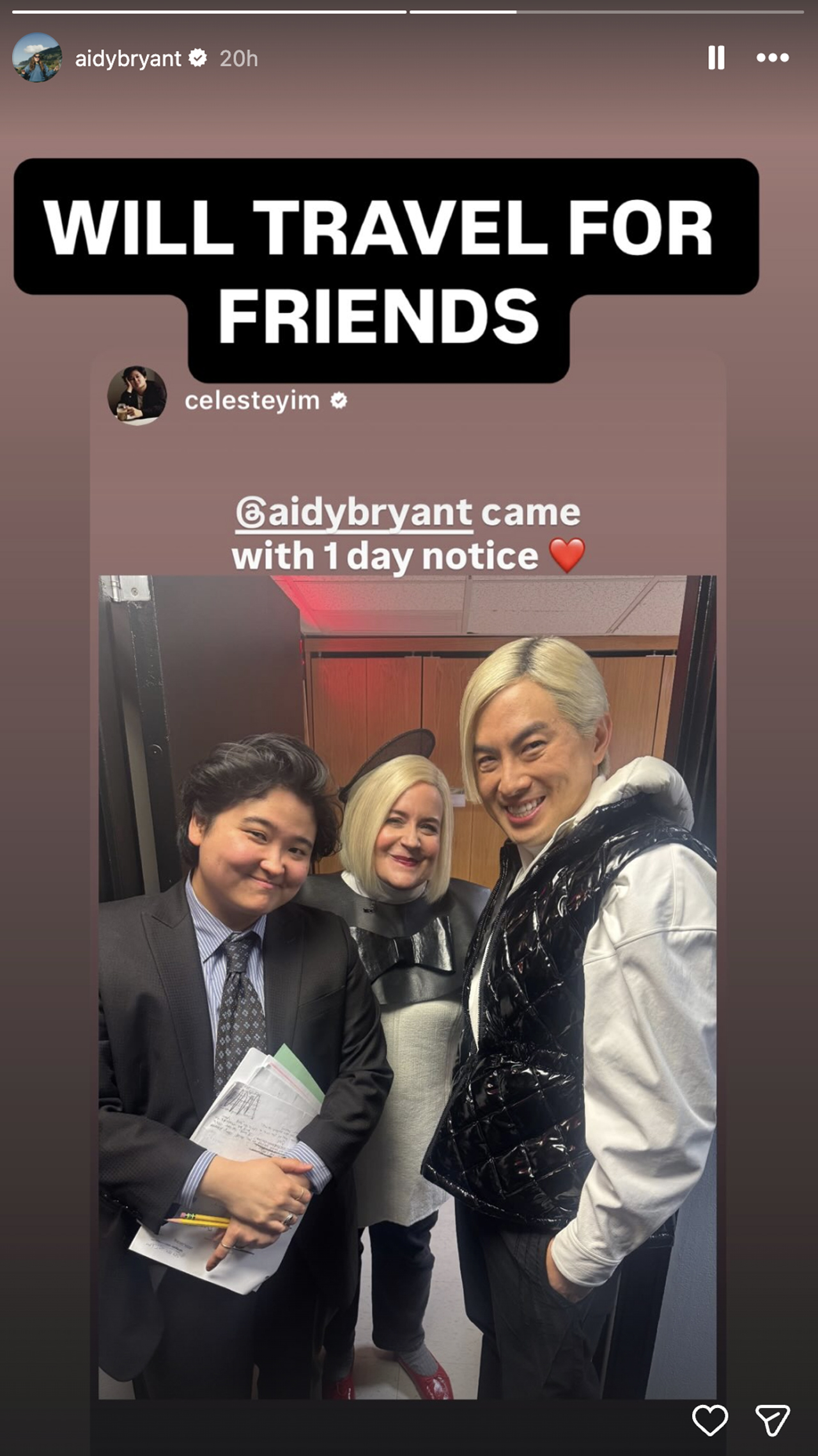 Aidy Byrant posted to her Instagram stories celebrating Bowen Yang.