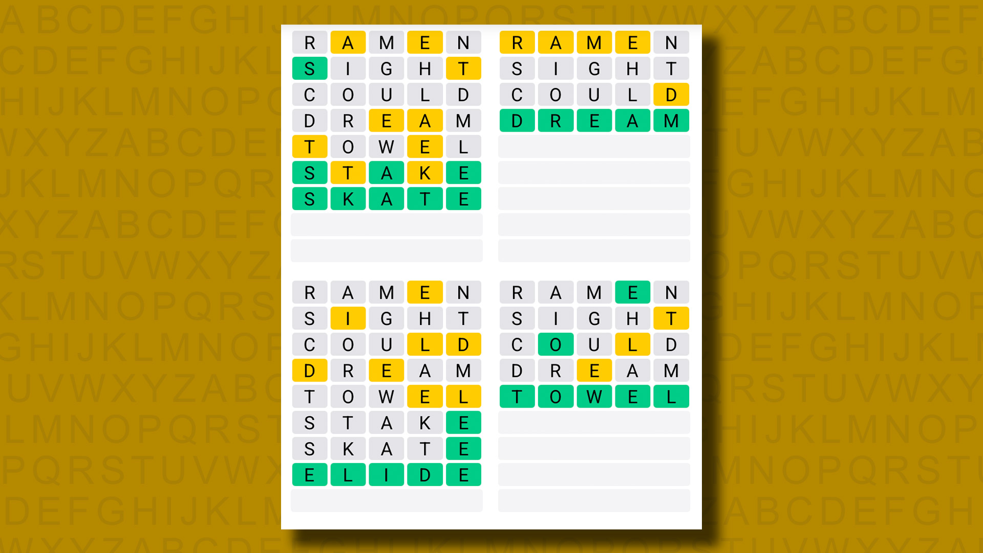 Quordle answers for game 1331 on a yellow background