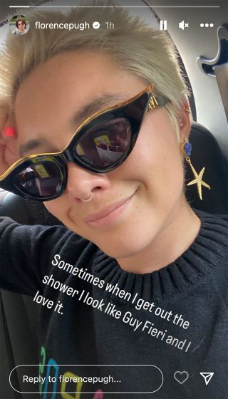 Selfie of Florence Pugh with short platinum blonde hair. Her caption reads "Sometimes when I get out the shower I look like Guy Fieri and I love it.