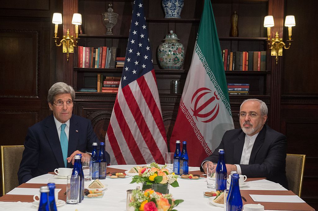 Then-Secretary of State John Kerry (L) meets with Iran&amp;#039;s Foreign Minister Mohammad Javad Zarif on April 22, 2016 in New York. 