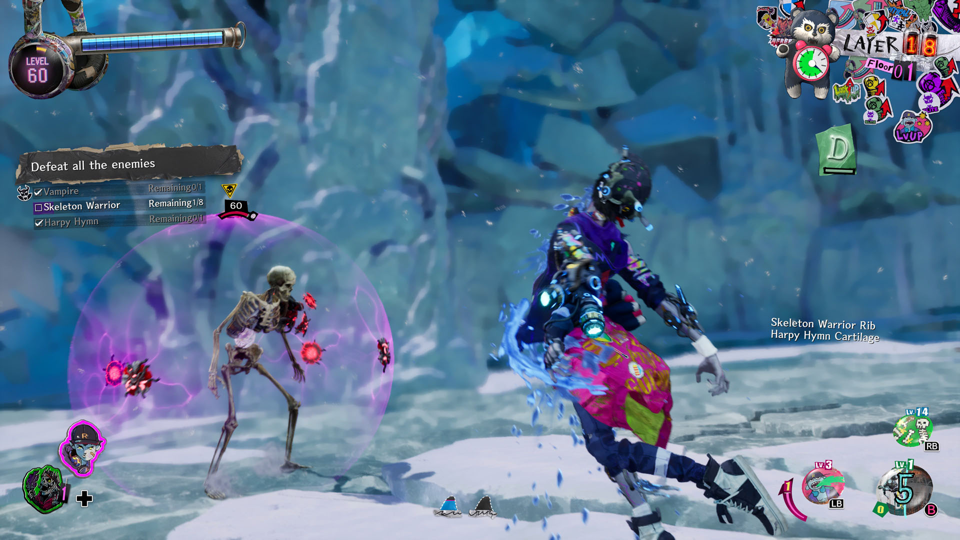 Davy does damage to himself as he rushes a skeleton enemy with a purple orb shield in Stupid Never Dies