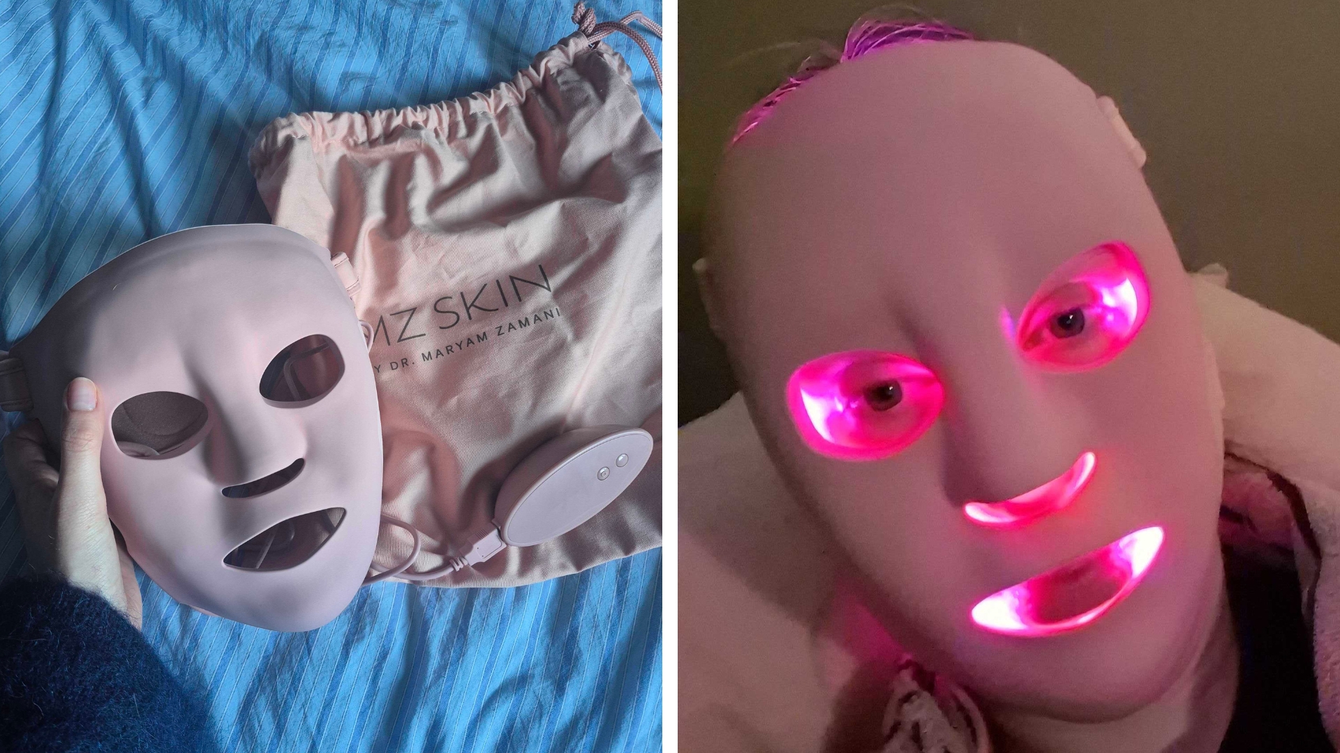 On the left, an image of the MZ Skin LED 2.0 Lightmax Supercharged LED Mask off and, on the right, Naomi Jamieson wearing the MZ Skin LED 2.0 Lightmax Supercharged LED Mask