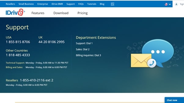 IDrive's online customer support webpage, showing contact details