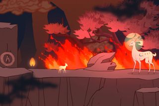 a videogame screenshot of two deer in a fiery forest