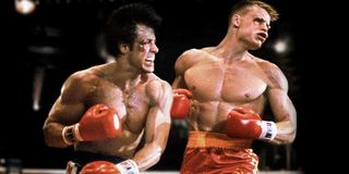 Rocky Balboa (Sylvester Stallone) puches out Ivan Drago (Dolph Lundgren) in the ring in Rocky IV (1985)