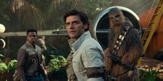 Star Wars: The Rise of Skywalker Finn, Poe, and Chewbacca in front of an X-Wing, in a tropical jungl