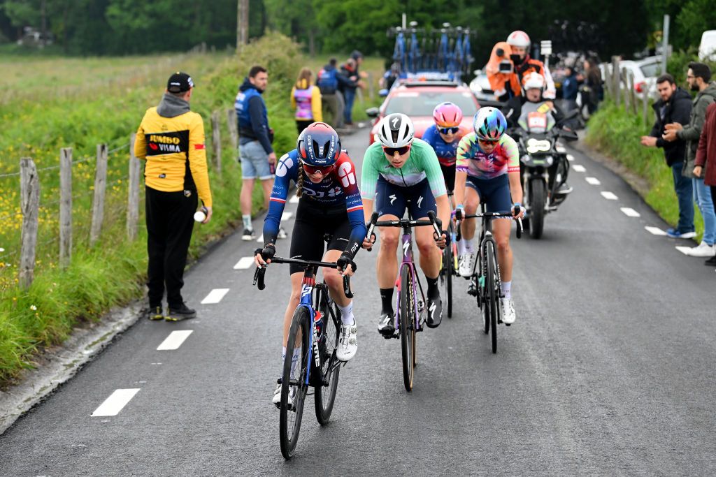 SAN SEBASTIAN SPAIN MAY 14 LR vita Muzic of France and Team FDJ SUEZ Marlen Reusser of Switzerland and Team SD Worx Green points jersey Katarzyna Niewiadoma of Poland and Team CanyonSRAM Racing and Olivia Baril of Canada and UAE Team ADQ compete in the chase group during the 2nd Itzulia Women 2023 Stage 3 a 1148km stage from Donostia San Sebastian to Donostia San Sebastian UCIWWT on May 14 2023 in Donostia San Sebastian Spain Photo by Dario BelingheriGetty Images