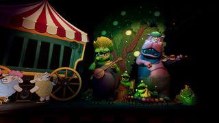 Animatronic alligator and hippopotamus characters playing in a band from Five Nights at Freddy's: Secret of the Mimic