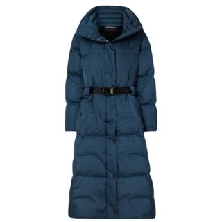 cut out of navy puffer coat with belt