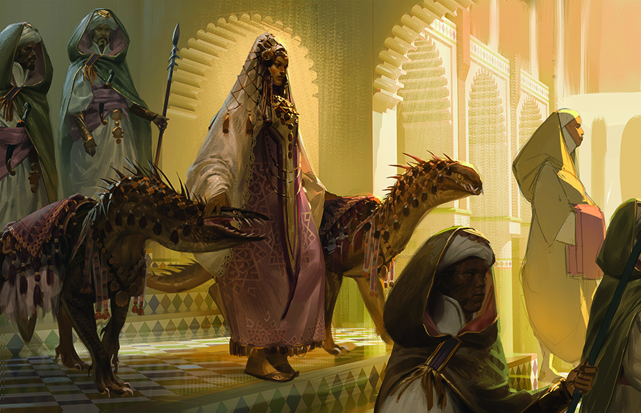 A digital painting showing a fantasy scene featuring a queen and her pet creatures