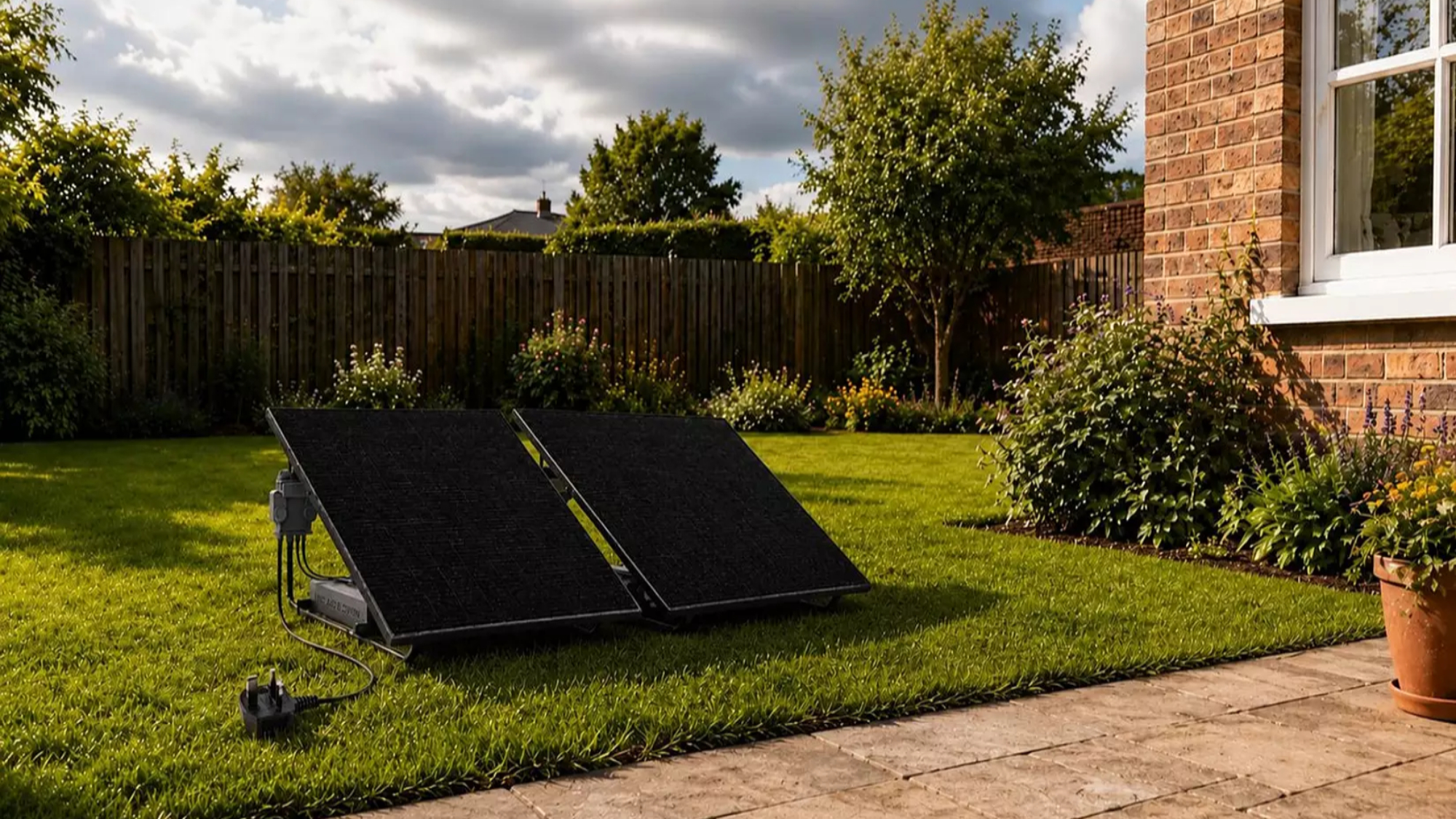 two plug-in solar panels on mount in garden with lawn, fence and planted borders