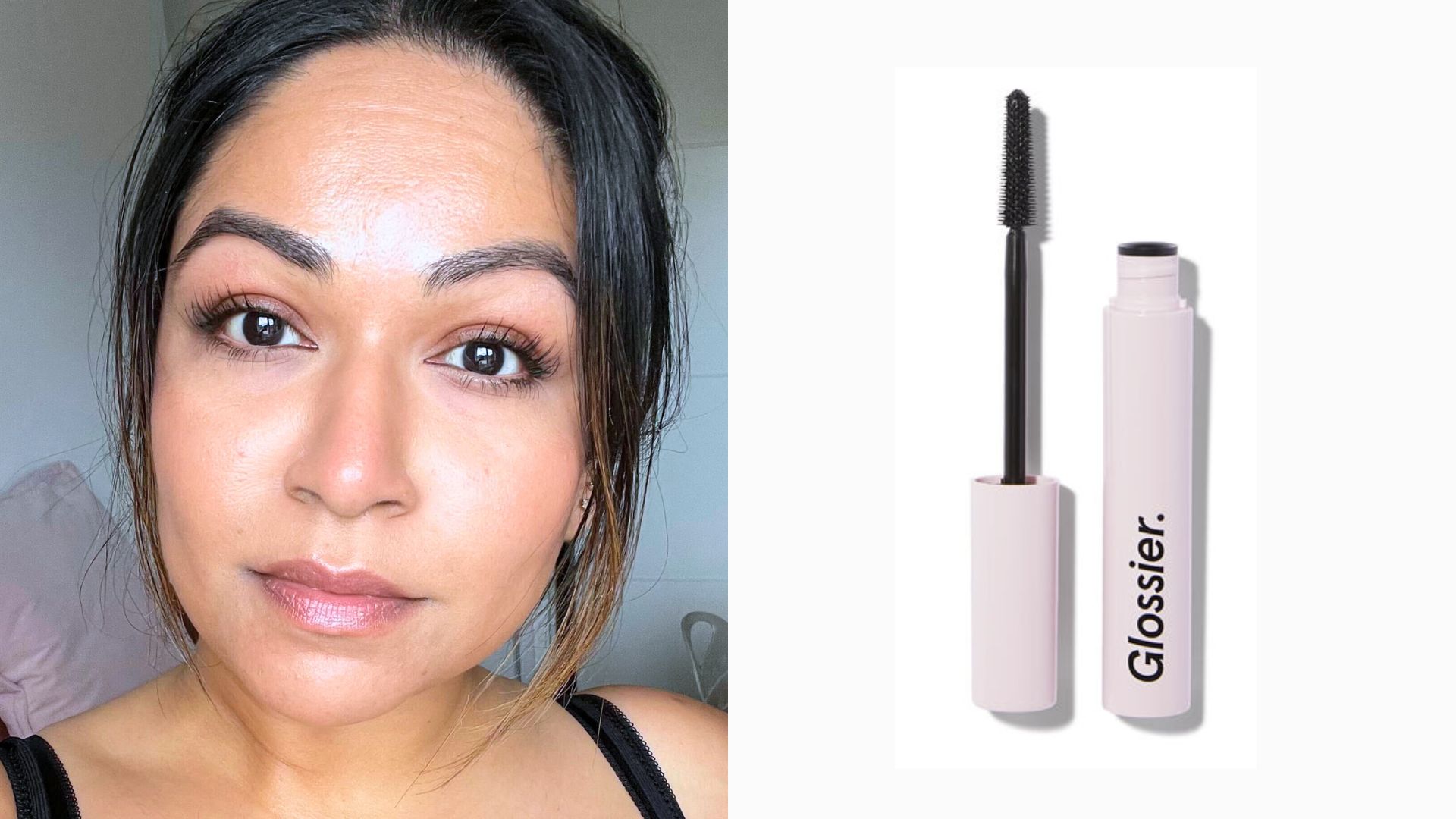 Aleesha wearing Glossier Lash Slick mascara, next to an image of the product