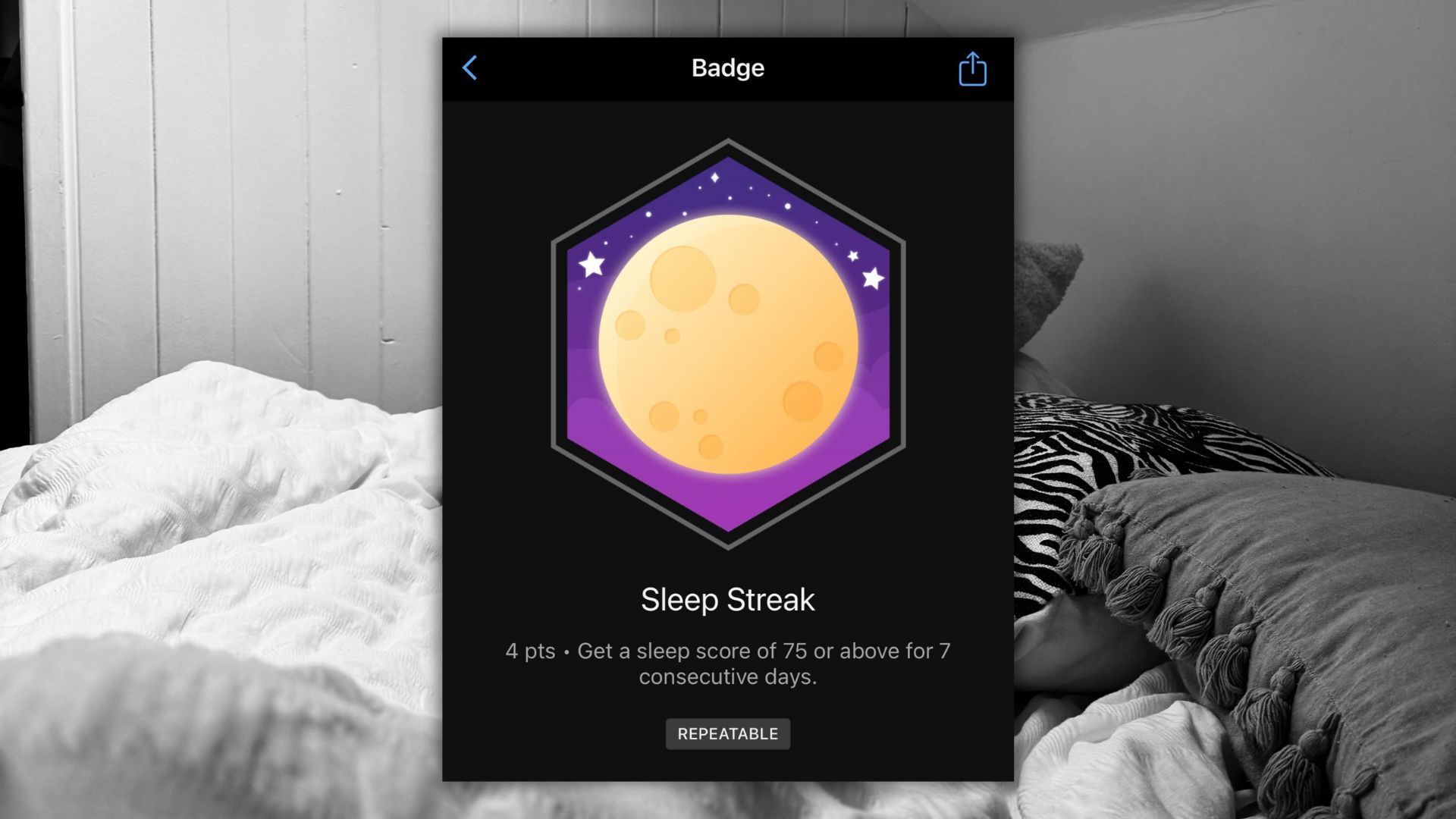 Garmin app interface showing sleep streak badge