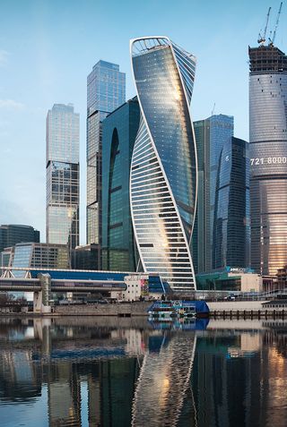 The elegant and twisting ribbon-like form of the Evolution Tower office building in Moscow by RMJM was a finalist in the European category