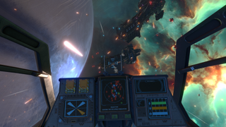 A view from a cockpit in a space battle