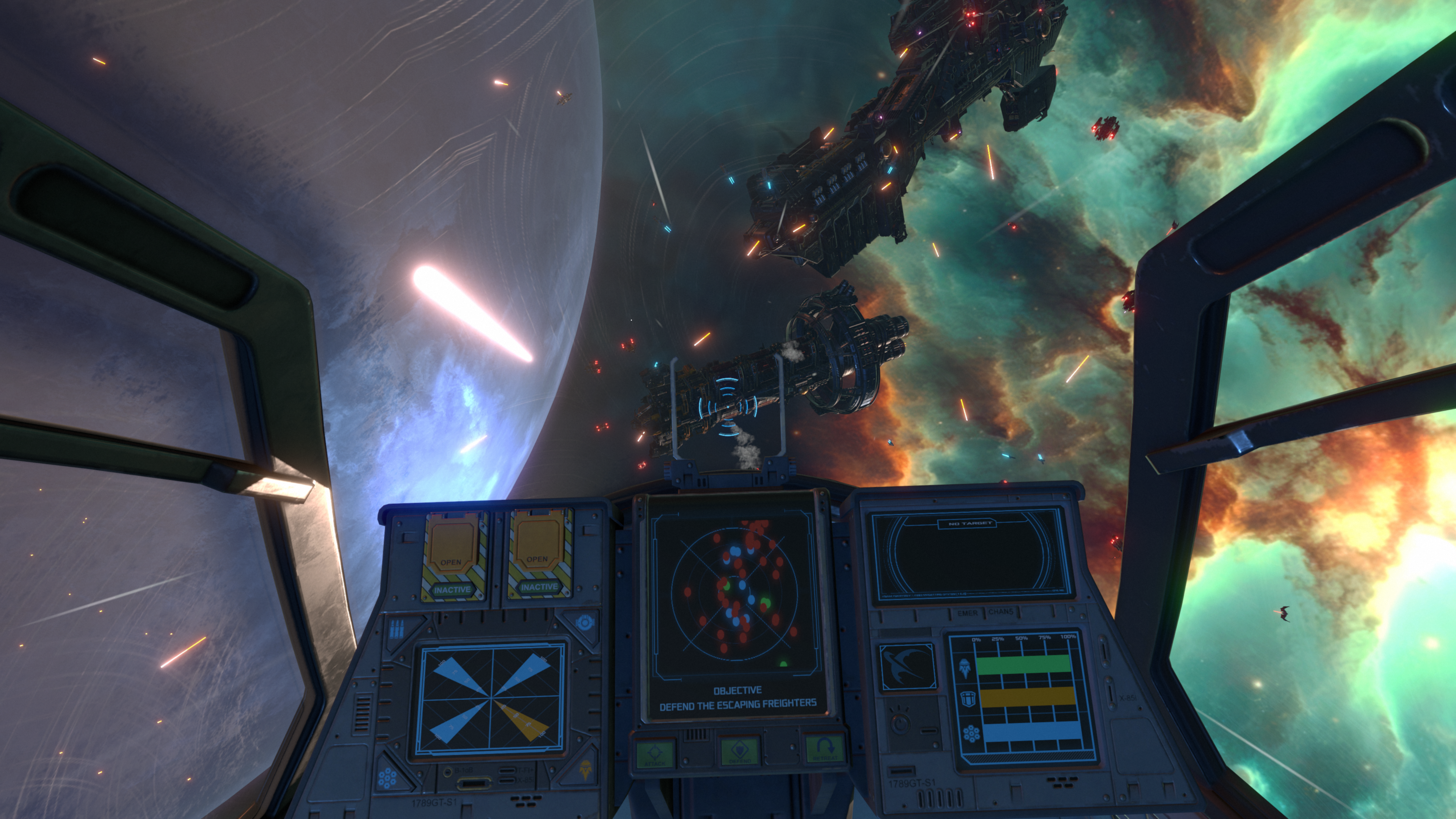 A view from a cockpit in a space battle