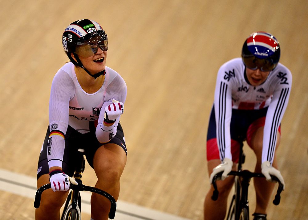 Kristina Vogel (Germany) celebrates her gold in the keirin