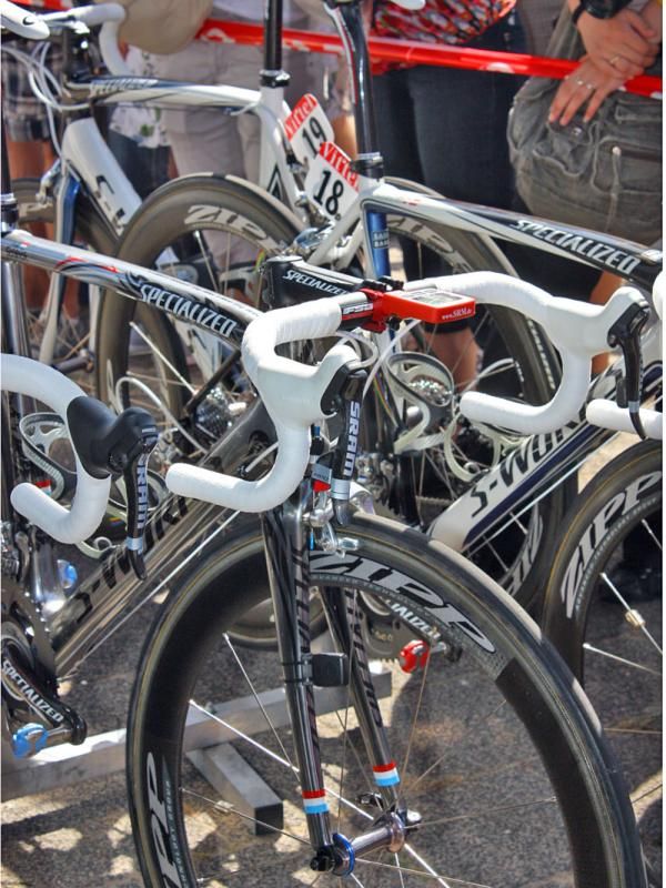 Saxo Bank riders have their choice of FSA bar types. Here Andy Schleck goes for a traditional bend.