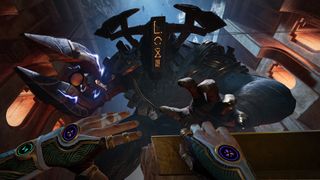 Reach screenshot showing a giant mythical robotic-like figure reaching threateningly towards the player, who's hands can be seen from a first-person perspective as they take cover