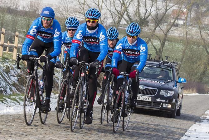 Garmin-Sharp's Johan Vansummeren, Sebastien Rosseler, Thomas Dekker, Martijn Maaskaant and Tyler Farrar recon the Omloop Het Nieuwsblad route.