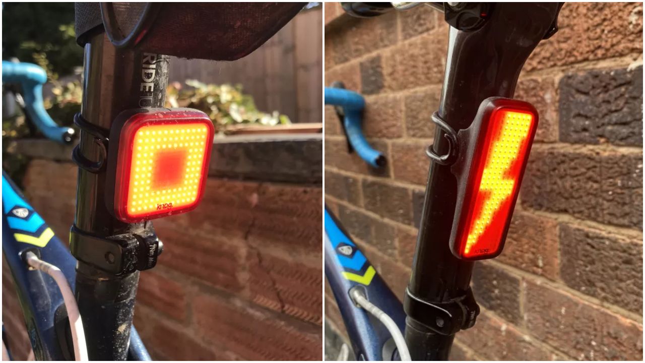 Image shows Knog&#039;s Blinder Square and V Bolt rear light&#039;s mounted to a bike.