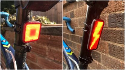 Image shows Knog's Blinder Square and V Bolt rear light's mounted to a bike.