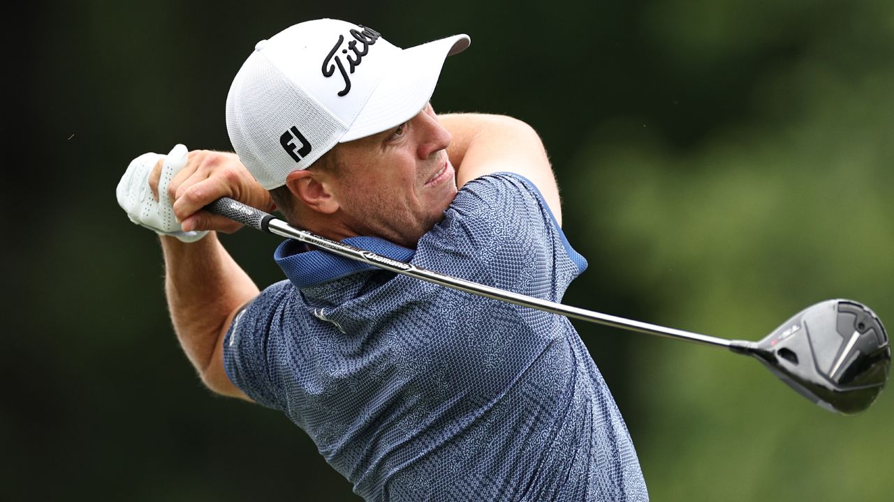 Justin Thomas takes a shot at the Wyndham Championship at Sedgefield Country Club