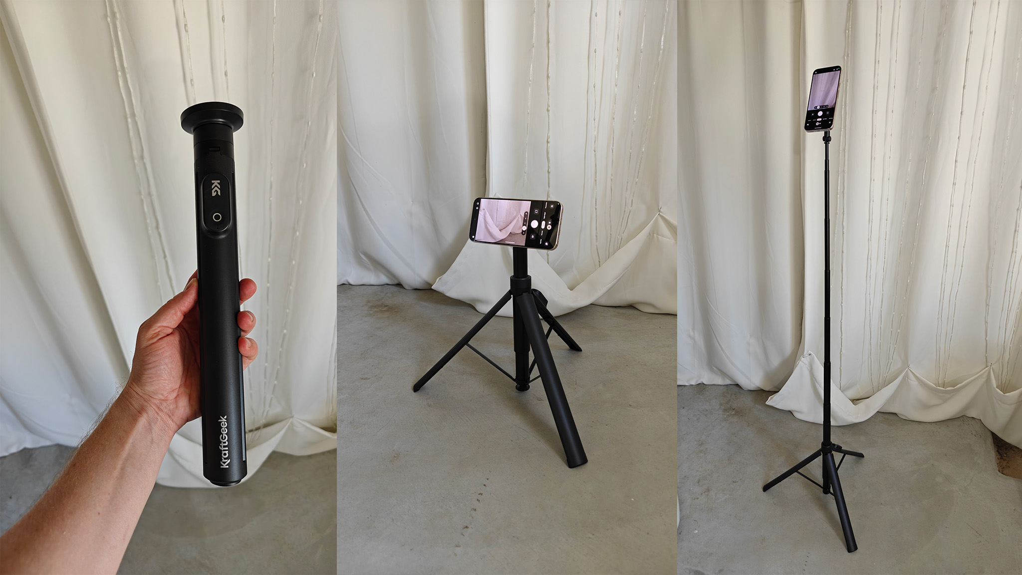 Showing the KraftGeek magnetic tripod in its collapsed state, lowest, and highest extension states.