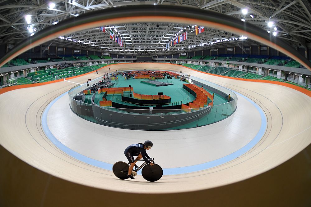 Women New Zealand's track cycling team members train at the olympic velodrome in Rio de Janeiro