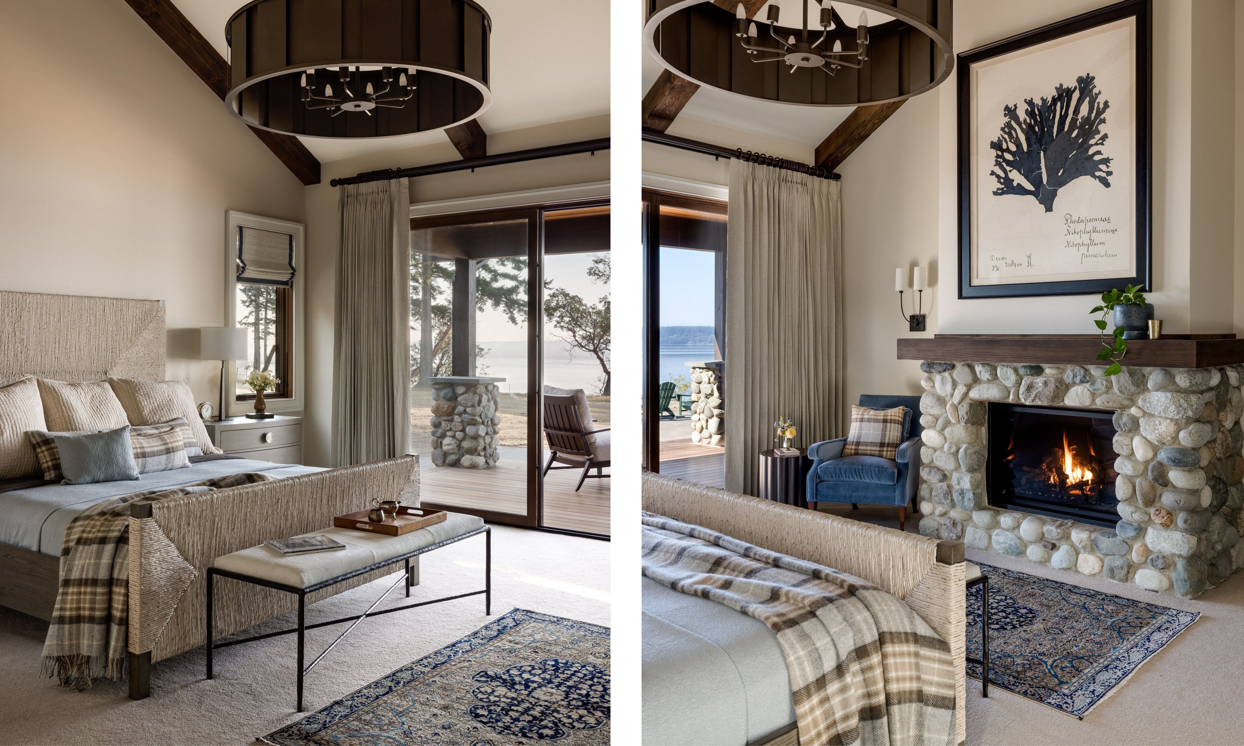 Two images of a large bedroom with a neutral color scheme, glass sliding doors, and a stone fireplace. A sloped ceiling with wooden beams and a large black and white artwork above the fireplace.