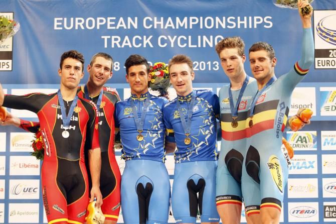 The podium for the men's Madison with Italy taking gold ahead of Spain and Belgium