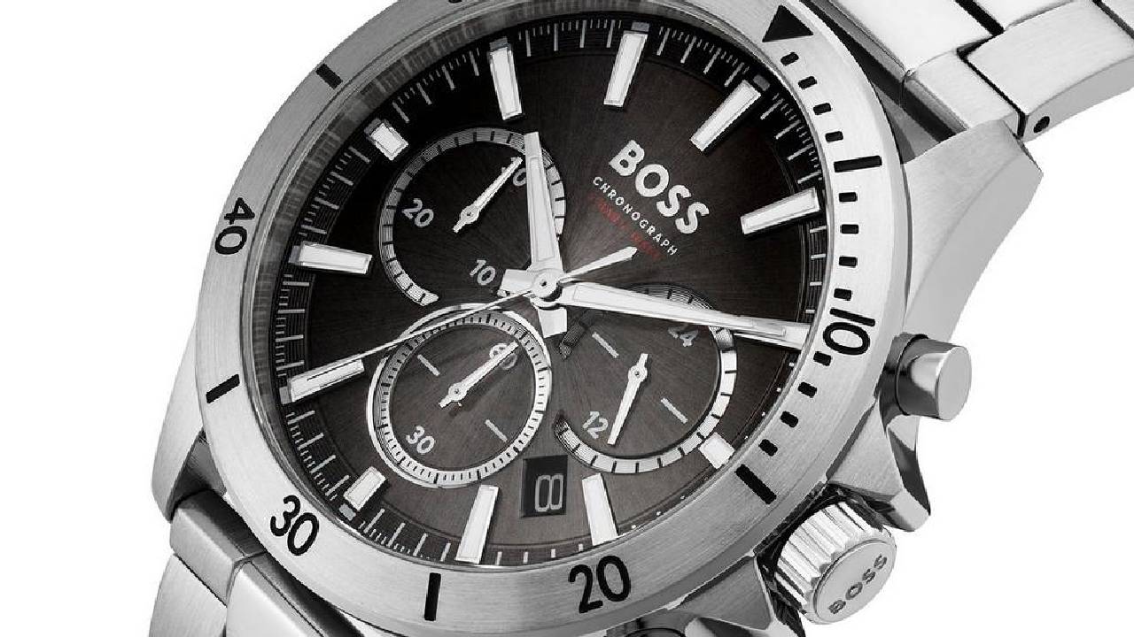 A close up of a BOSS men's watch from Beaverbrooks on a white background.