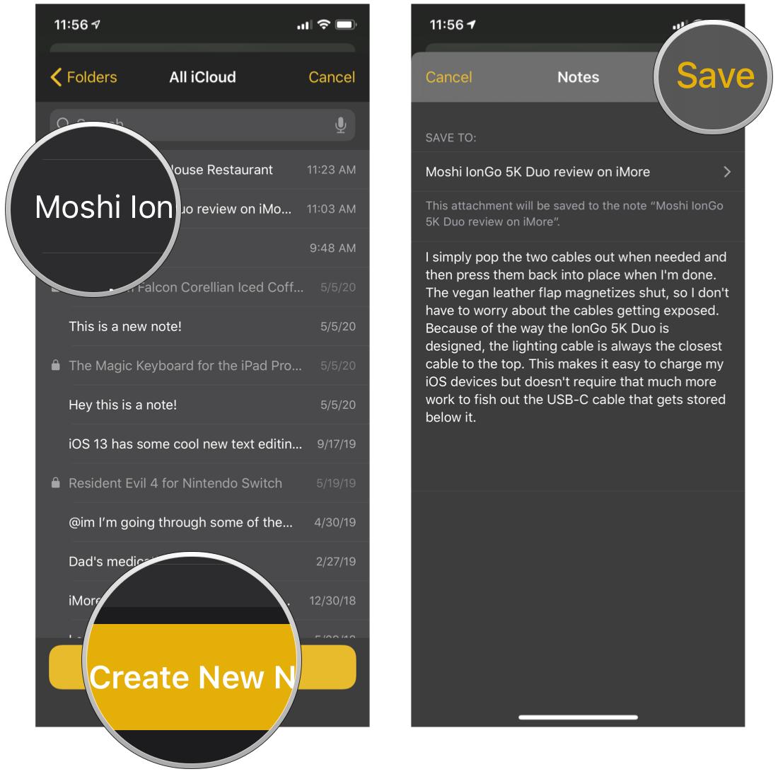 Add text from Safari or Chrome by showing steps: Choose an existing note to append, or create a new note, edit the text, then tap Save