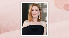 Image of Julianne Moore smiling with ginger straight bob and wearing a black strapless gown, on a pink background