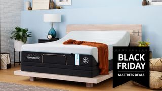Image shows the Tempur-Pedic PROBreeze mattress on a wooden bed frame with a Black Friday mattress deal image overlaid