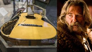 LEFT: An early 1870s model C. F. Martin & Co. guitar is displayed during The NAMM Show Media Preview Day at Anaheim Convention Center on January 24, 2024 in Anaheim, California. The historic guitar was on loan from the Martin Guitar Museum to director Quentin Tarantino for the film "The Hateful Eight" when it was damaged during filming. RIGHT: Kurt Russell in The Hateful Eight
