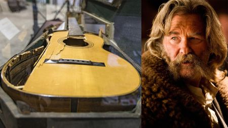 LEFT: An early 1870s model C. F. Martin & Co. guitar is displayed during The NAMM Show Media Preview Day at Anaheim Convention Center on January 24, 2024 in Anaheim, California. The historic guitar was on loan from the Martin Guitar Museum to director Quentin Tarantino for the film "The Hateful Eight" when it was damaged during filming. RIGHT: Kurt Russell in The Hateful Eight