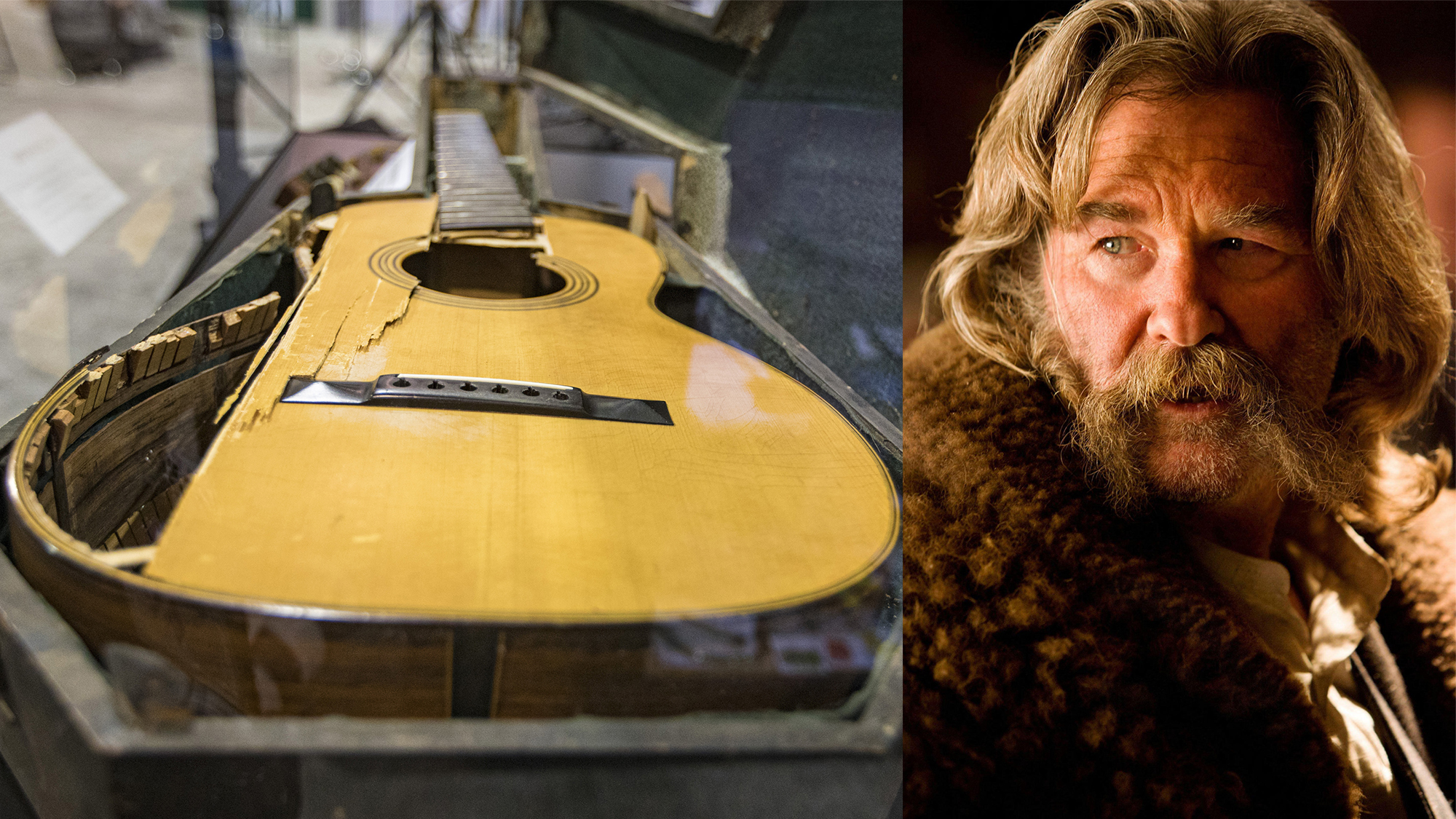 LEFT: An early 1870s model C. F. Martin &amp; Co. guitar is displayed during The NAMM Show Media Preview Day at Anaheim Convention Center on January 24, 2024 in Anaheim, California. The historic guitar was on loan from the Martin Guitar Museum to director Quentin Tarantino for the film "The Hateful Eight" when it was damaged during filming. RIGHT: Kurt Russell in The Hateful Eight