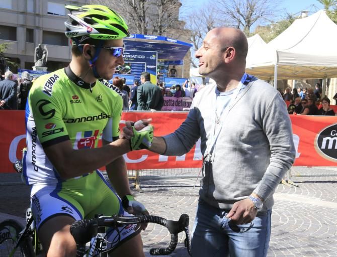 Paolo Bettini chats with Slovakian champion Peter Sagan (Cannondale) prior to the start of stage 6 at Tirreno-Adriatico